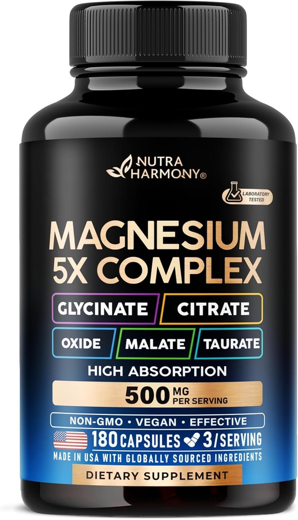 Magnesium Supplement - 5 in 1 Complex | Glycinate | Citrate | Malate | Taurate | Oxide - Made in USA - Stress, Muscle & Heart Support - Vegan, Natural, Non-GMO - 180 Capsules, 2 Month Supply