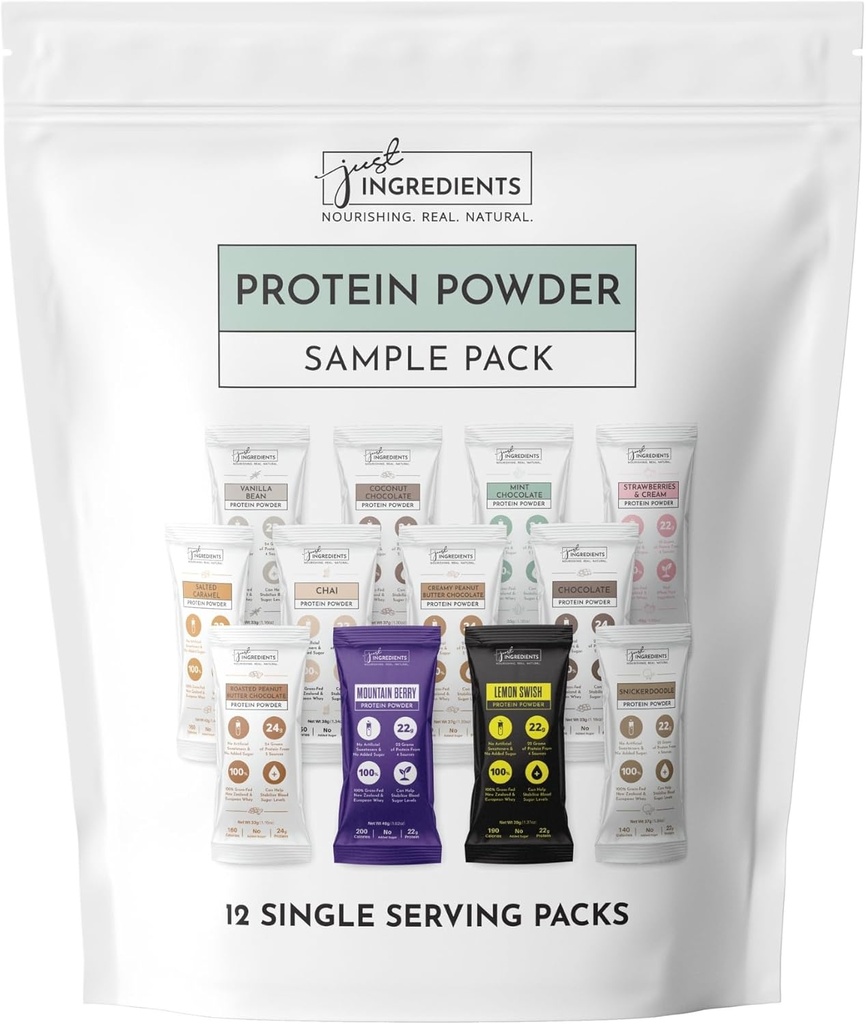 Protein Powder Made with 100% Grass Fed, Non Denatured Whey | Four Different Protein Sources from Organic Whole Food Ingredients | 12 Servings | 22g Protein (12 Servings, Sample Variety Pack)