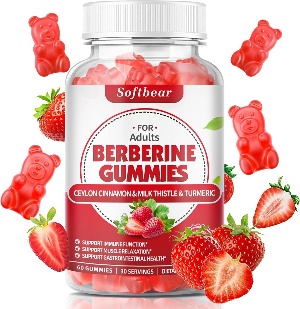 softbear Βερβερίνη με Ceylon Cinnamon Gummies Organic Berberine HCL 1500mg για Μεταβολισμό Ανοσοποιητική Υγεία Συμπληρώματα βερβερίνης χωρίς ζάχαρη Φράουλα Γεύση 60 Count
