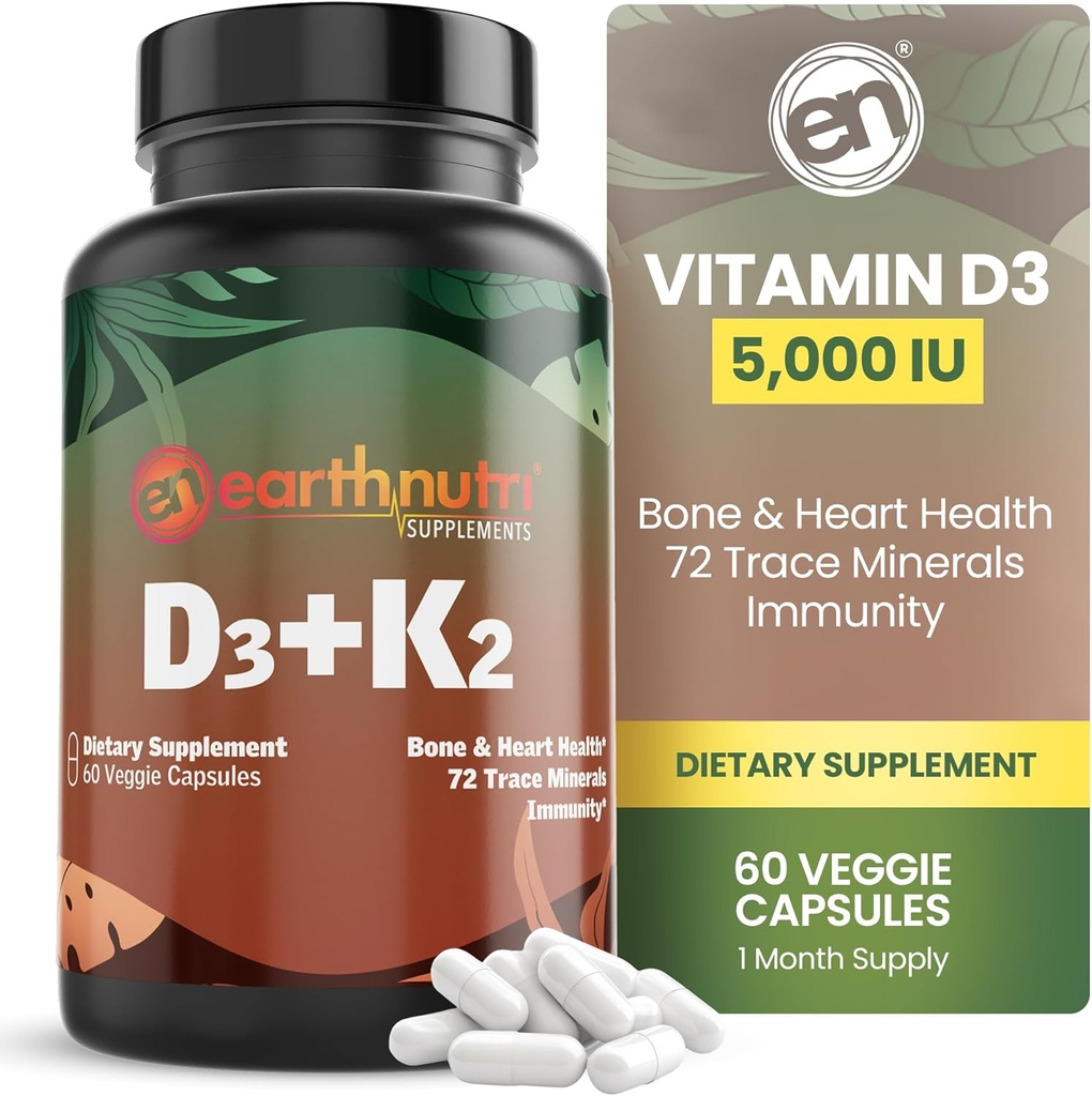 EarthNutri Vitamin D3 K2 Συμπλήρωμα 5000 IU – Περιλαμβάνει K2 από MENA Q7, D3 από Vitashine, Ασβέστιο από Aquamin & 72 Trace Minerals – για Ανοσοποιητική, Οστική και Καρδιακή Υγεία – Μη ΓΤΟ – Κάψουλες 60 Veg
