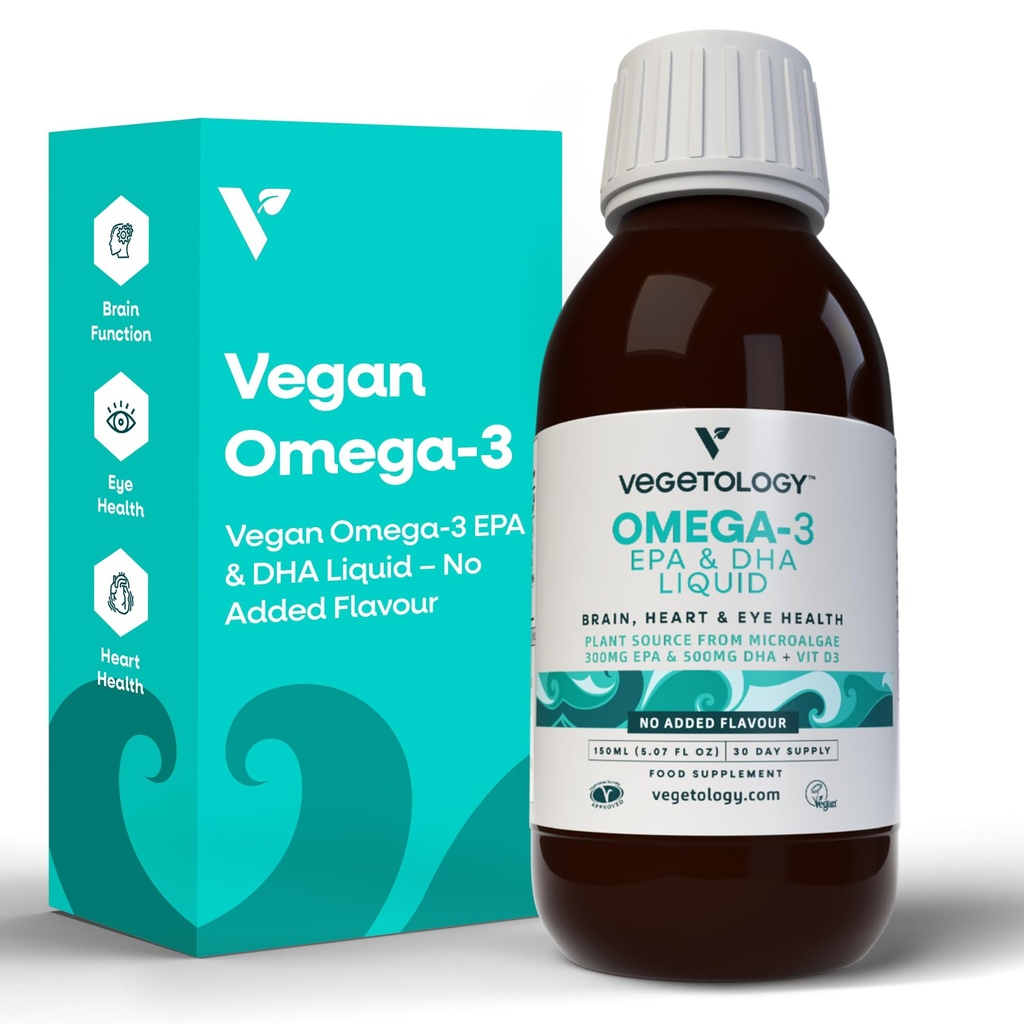 Vegan Omega 3 Liquid, από Microalgae, 800mg EPA DHA, με βιταμίνη D3, υποστηρίζει την καρδιά, τον εγκέφαλο και την υγεία των ματιών, φυσικό ιχθυέλαιο Εναλλακτική, UK Made, Unflavoured
