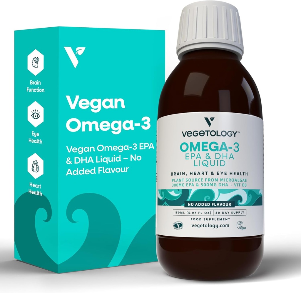 Vegan Omega 3 Liquid, από Microalgae, 800mg EPA DHA, με βιταμίνη D3, υποστηρίζει την καρδιά, τον εγκέφαλο και την υγεία των ματιών, φυσικό ιχθυέλαιο Εναλλακτική, UK Made, Unflavoured