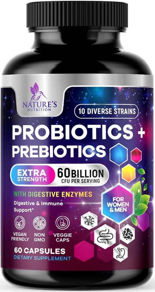 Probiotics for Women & Men 60 Billion CFU - 10 Strains with Lactobacillus, Digestive Gut Health Probiotics & Immune Support Supplement, Supports Occasional Constipation, Gas & Bloating - 60 Capsules