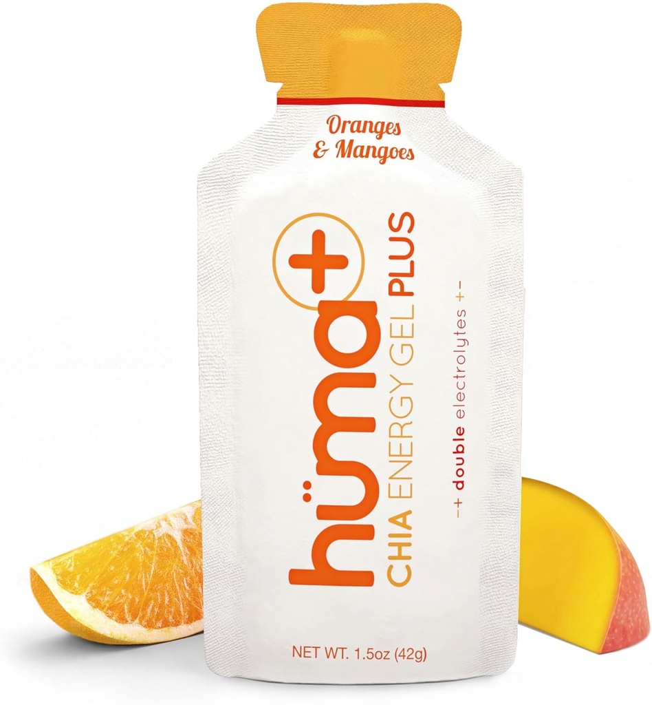 Huma Plus (Double Electrolytes) - Chia Energy Gel, Orange Mango, 24 Gels - Stomach Friendly, Real Food Energy Gels