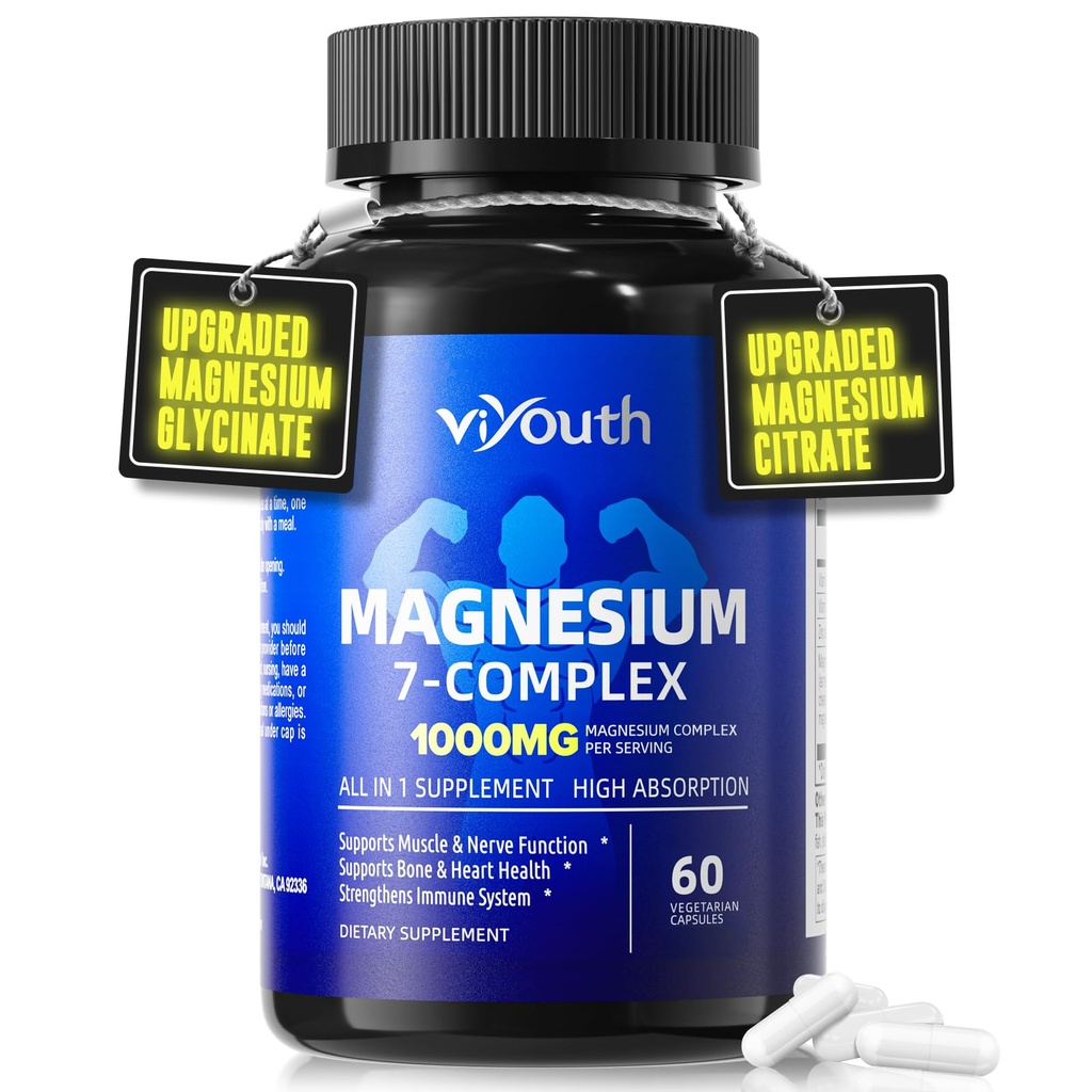 Μαγνήσιο 7 Complex Supplement Advanced with Γλυκινικό Κιτρικό Χηλικό Μηλεϊνικό Ταυρικό Οροτικό Ασπαρτικό, Κάψουλες με Ψευδάργυρο, Βιταμίνη D3 & B6 για Ύπνο, Μυϊκή Ανακούφιση, 60 Κάψουλες