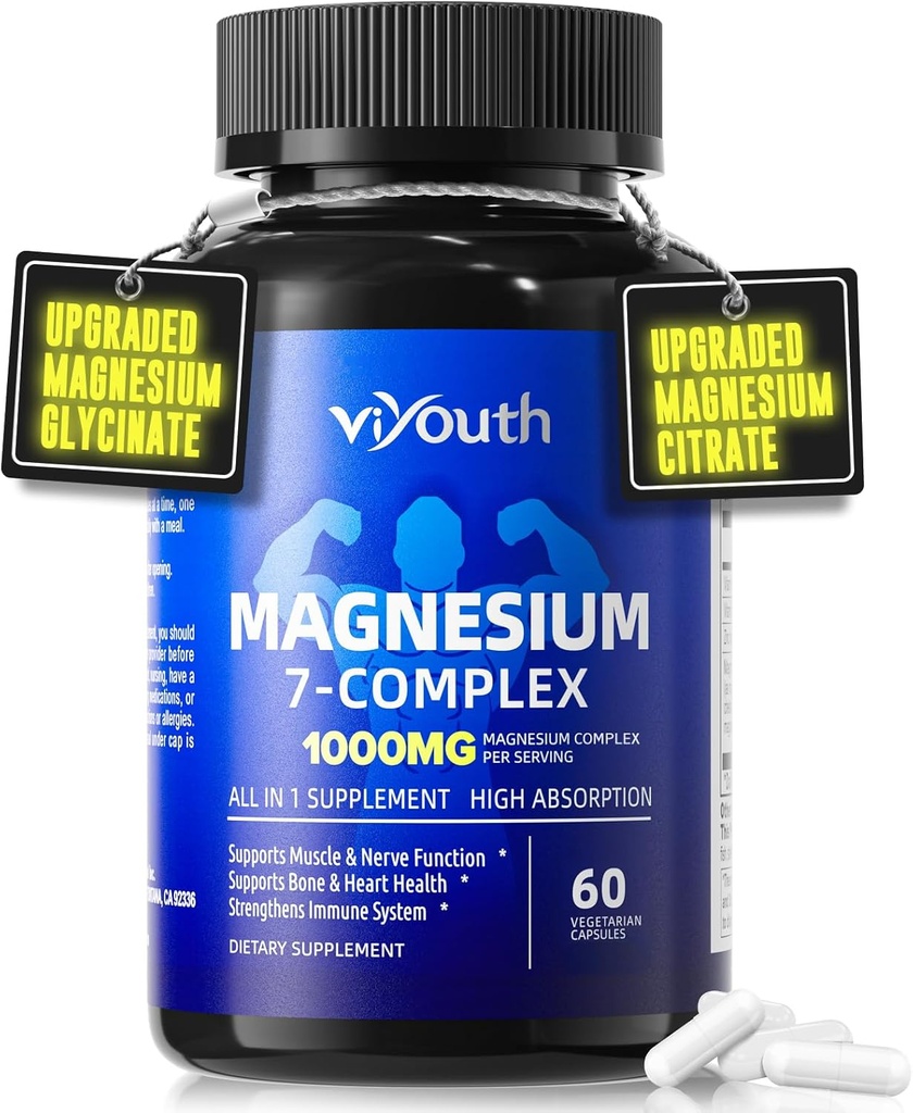 Magnesium 7 Complex Supplement Advanced with Glycinate Citrate Malate Chelate Taurate Orotate Aspartate, Capsules with Zinc, Vitamin D3 & B6 for Sleep, Muscle Relief, 60 Capsules