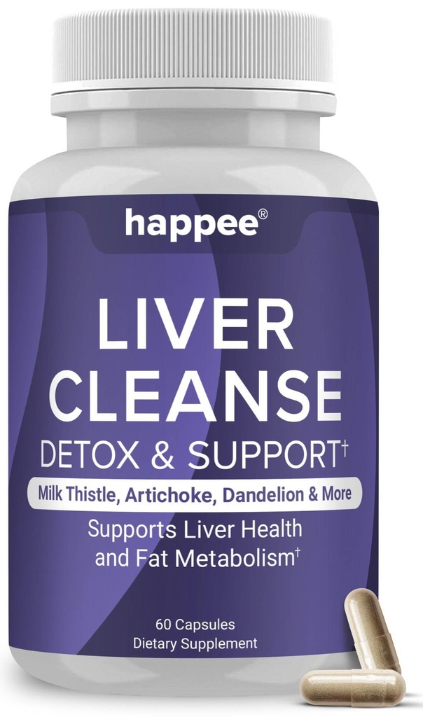 Happee Liver Cleanse Detox & Repair Supplement with Milk Thistle Extract - Flush Toxins & Renew Health - Vegan, Made in USA, 60 Capsules