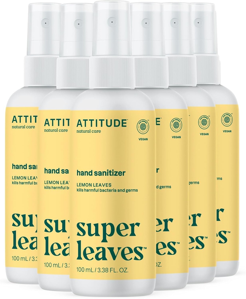 ATTITUDE Εξυγιαντήρας χεριών Spray για ενήλικες και παιδιά, EWG Επαληθευμένος, σκοτώνει βακτήρια και μικρόβια, Vegan, Lemon φύλλα, 3.38 Fl Oz (Σπρέι μπουκάλι) (Pack of 6)