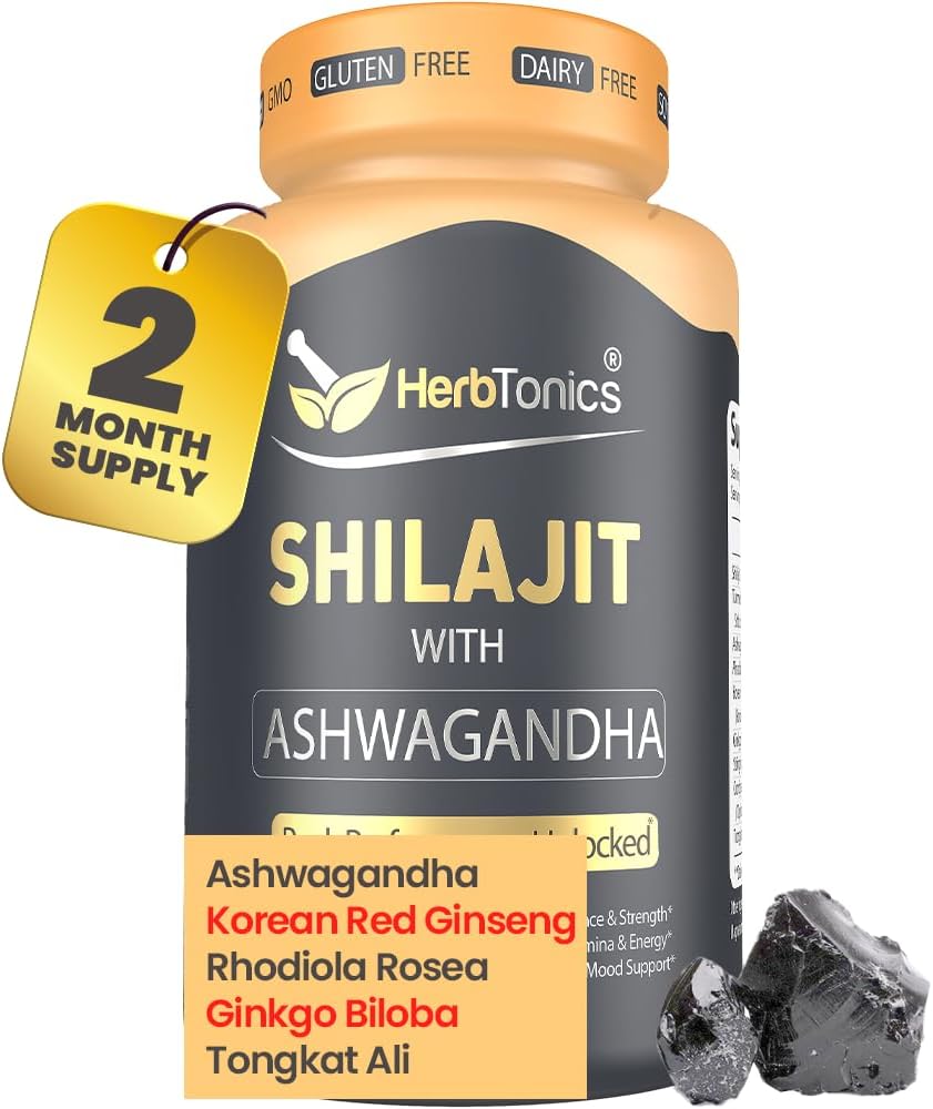 Herbtonics Shilajit for Men & Women with Ashwagandha, Korean Red Ginseng, Rhodiola Rosea, Ginkgo Biloba, Tongkat Ali | Fulvic Acid & Trace Minerals for Stamina & Immunity | 60 Vegan Capsules