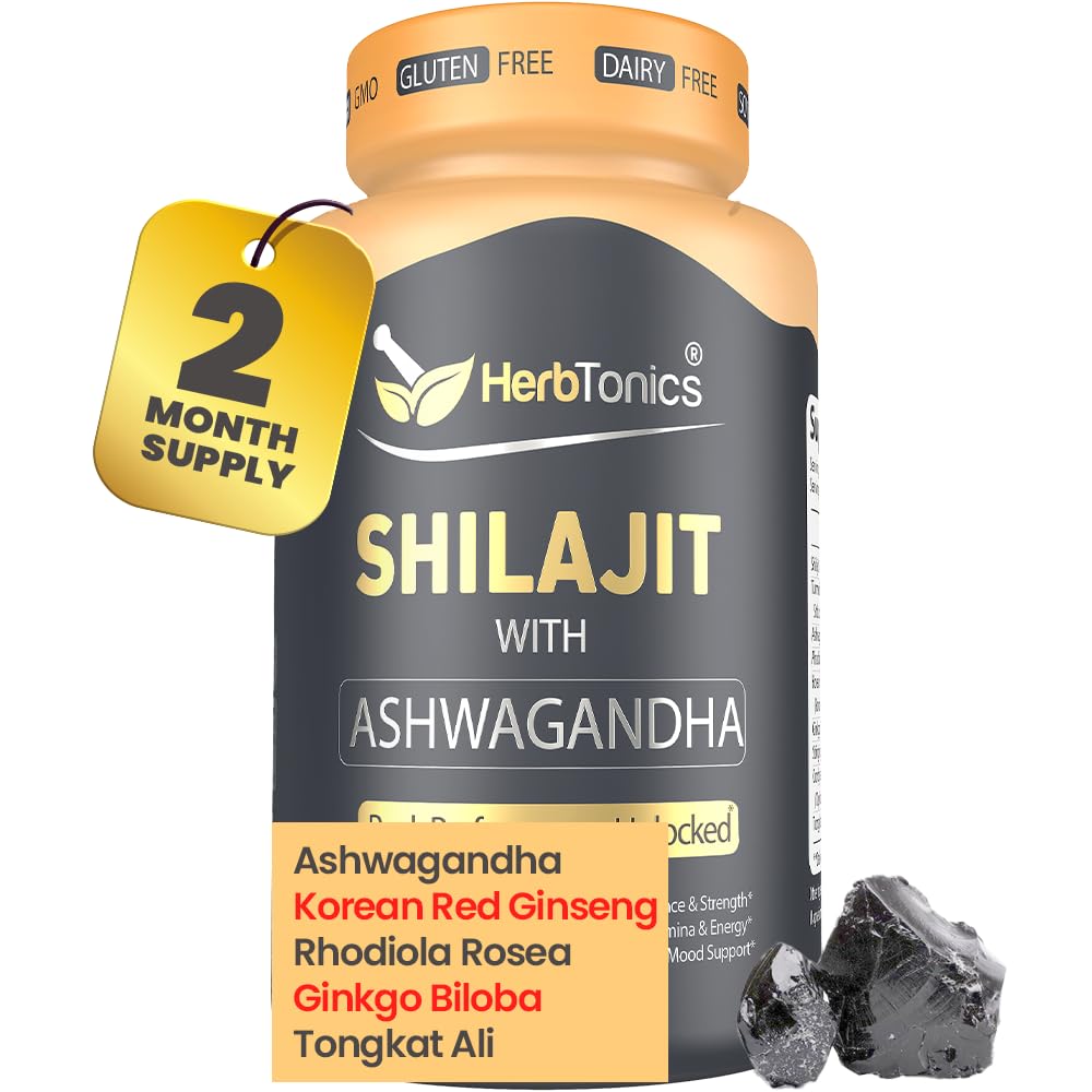 Herbtonics Shilajit for Men & Women with Ashwagandha, Korean Red Ginseng, Rhodiola Rosea, Ginkgo Biloba, Tongkat Ali 