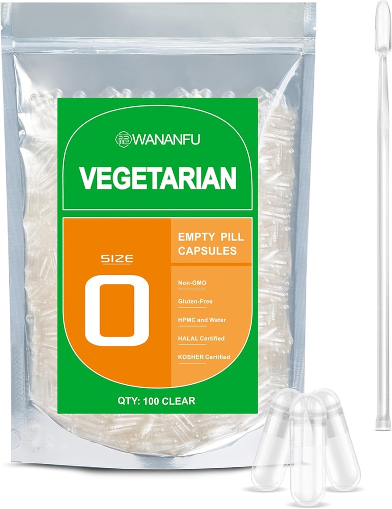 wananfu Size 0 Empty Capsules Vegetarian (100 Count) Bundle with Micro Lab Spoon, Clear Fillable Veggie Pill Capsules Size 0 for Making Your Own Supplements