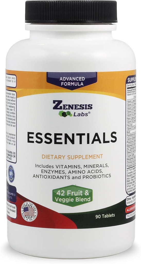 Zenesis Labs Essentials - ένα φυσικό & θρεπτικό πλούσιο πολυβιταμίνη - με ορυκτά, ένζυμα, αμινοξέα, αντιοξειδωτικά και προβιοτικά - 90ct