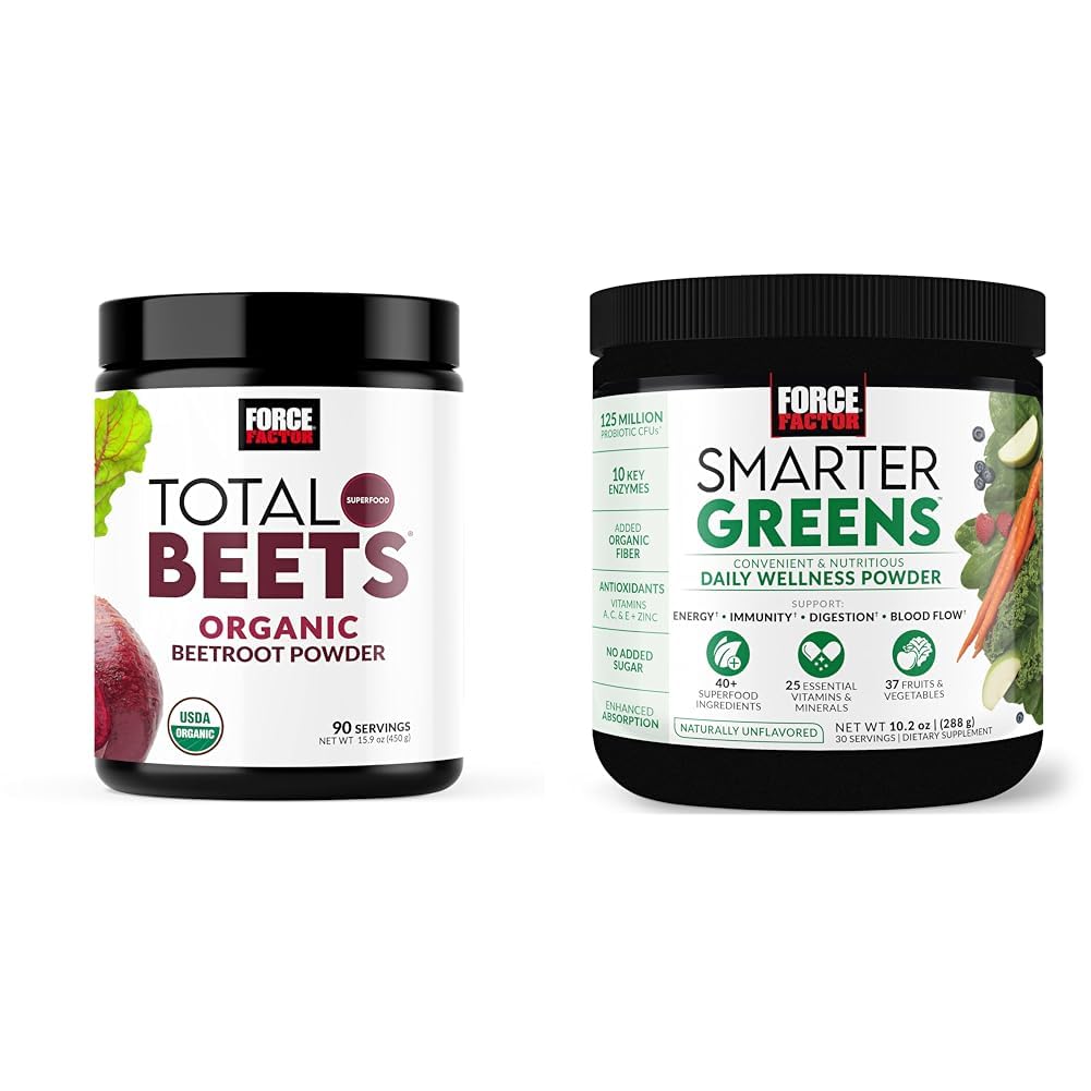 Force Factor Total Beets Organic Beetroot Powder Superfood to Boost Daily Nutrition, USDA Organic & Smarter Greens Daily Wellness Powder to Support Energy, Immunity & Digestion