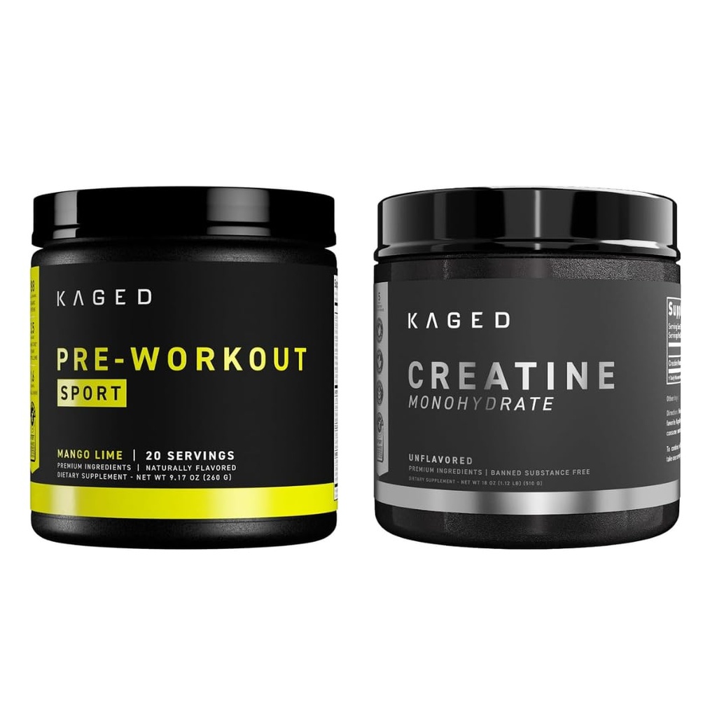 Kaged Pre Sport Pre Workout Powder Mango Lime Creatine Monohydrate Micronized Powder Bundle, Energy & Muscle Recovery Supplement Pack, 20 Servings Pre-Workout + 100 Servings Creatine