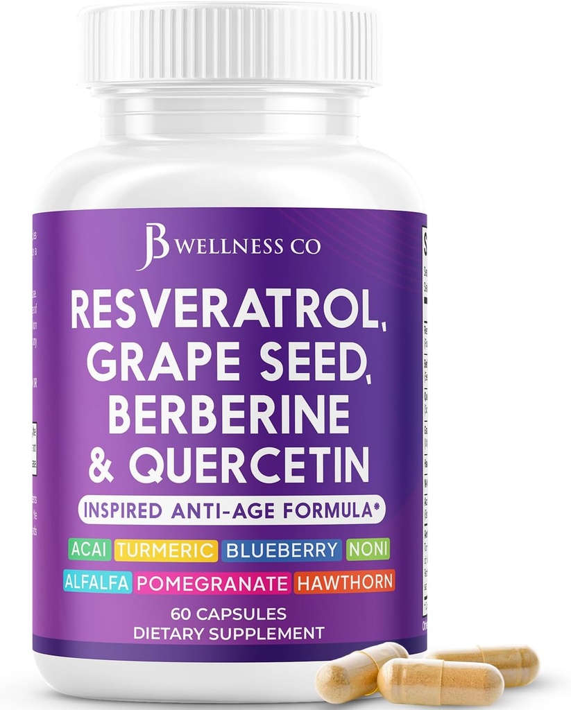 JB Wellness Resveratrol Grape Seed Extract, Berberine, Quercetin - Συμπλήρωμα πολυφαινόλης για γυναίκες και άνδρες με εκχύλισμα Noni, N-Acetyl Cysteine, Acai Extract - 60 κάψουλες