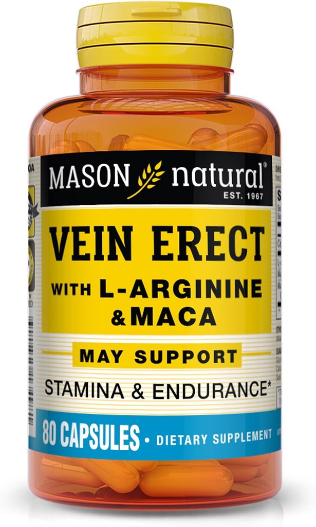 MASON NATURAL Vein Erect with L-αργινίνη και Maca - Υποστηρίζει Σεξουαλική & Αγγειακή Υγεία, Συμπλήρωμα για Κιρσούς και Αραχνοφάγα, 80 Κάψουλες