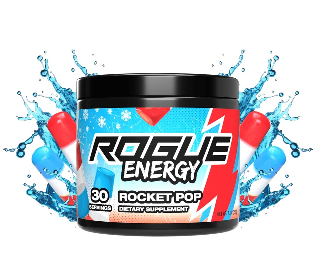 Rogue Energy Drink Powder for Long Gaming Hours - Energy Powder for Mental Focus - Ζάχαρη και Χωρίς Γλουτένη - Συμπλήρωμα Παιχνιδιών με καφεΐνη και Βιταμίνες - Made in USA (Rocket Pop - 30 Servings)