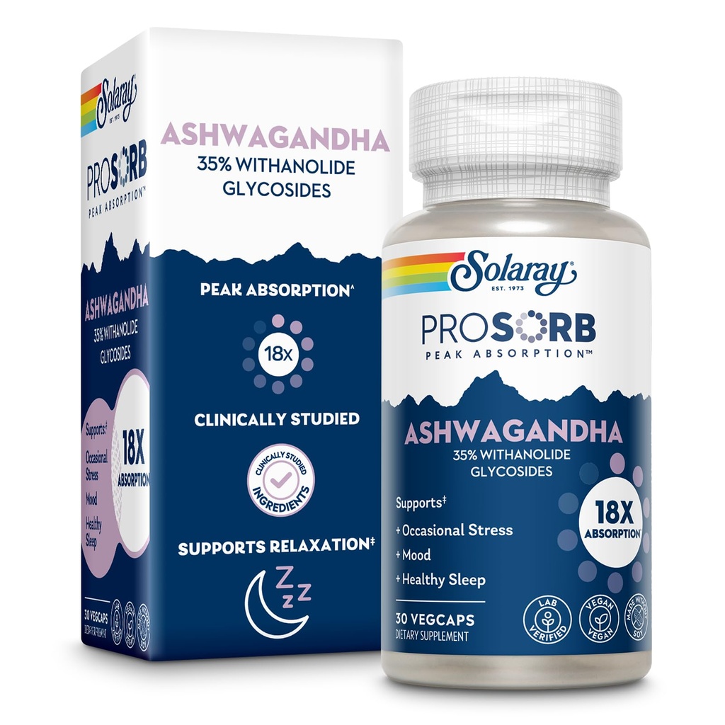 SOLARAY Ashwagandha Κάψουλες 18X Απορρόφηση - Ashwagandha Root and Leaf Extract 240 mg - Περιστασιακό άγχος ανακούφιση και υποστήριξη της διάθεσης συμπλήρωμα - Vegan, 60-Day εγγύηση - 30 εξυπηρετούν, 30 VegCaps
