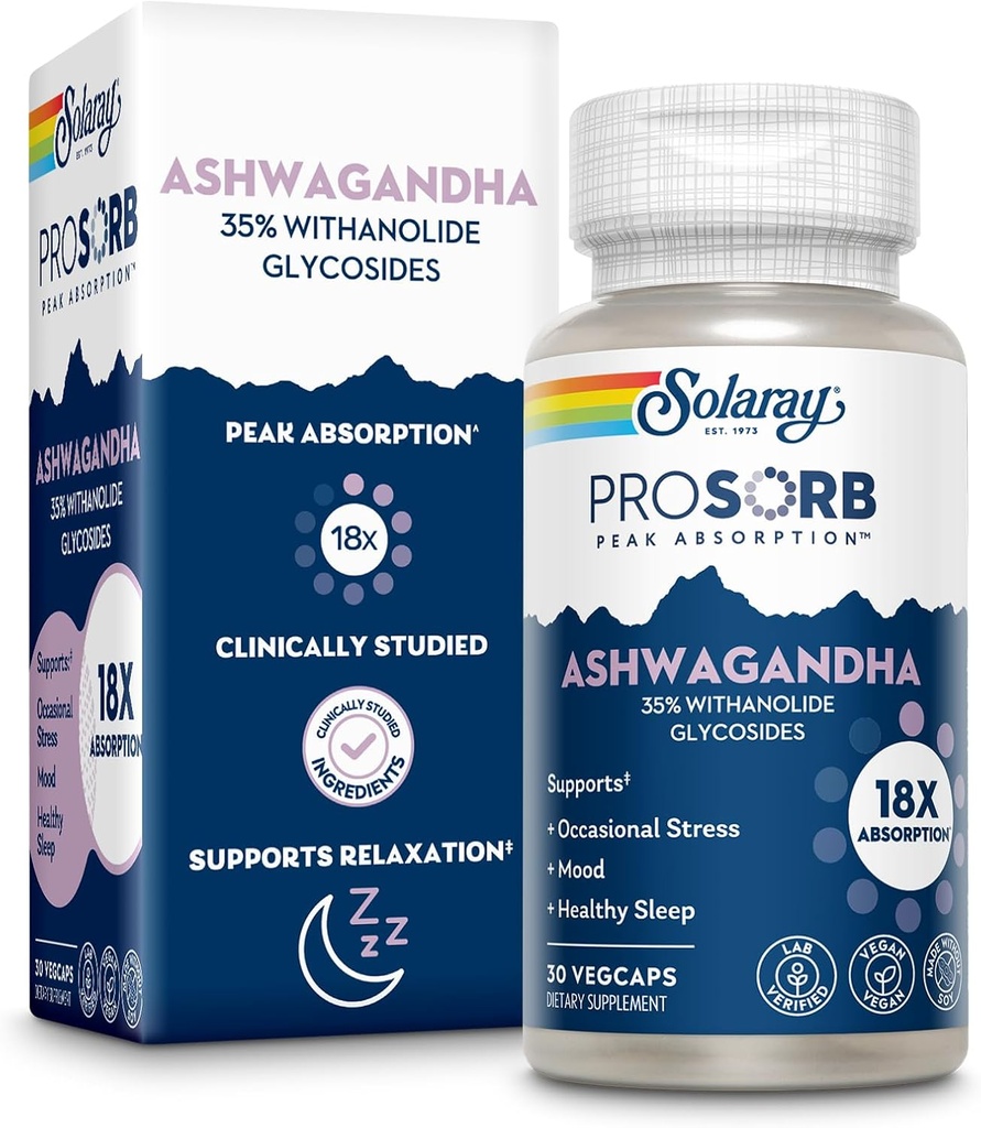 SOLARAY Ashwagandha Κάψουλες 18X Απορρόφηση - Ashwagandha Root and Leaf Extract 240 mg - Περιστασιακό άγχος ανακούφιση και υποστήριξη της διάθεσης συμπλήρωμα - Vegan, 60-Day εγγύηση - 30 εξυπηρετούν, 30 VegCaps