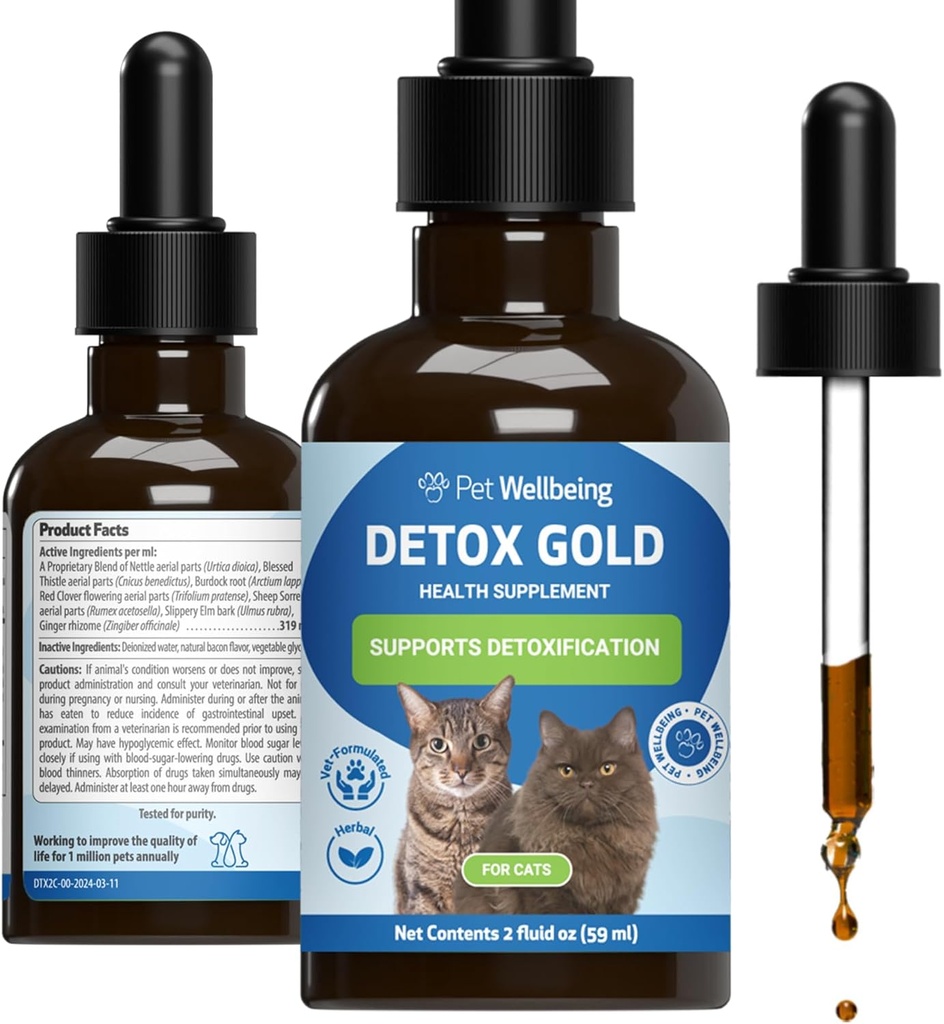 Pet Wellbeing Detox Gold for Cats - Υποστήριξη απαλής αποτοξίνωσης και αποβολής, Φροντίδα ανοσοποιητικού συστήματος, Βραχιόλι, Ευλογημένη Θήκη, Ρίζα Burdock - Κτηνιατρικό-Σχηματισμένο συμπλήρωμα βοτάνων 2 oz (59 ml)