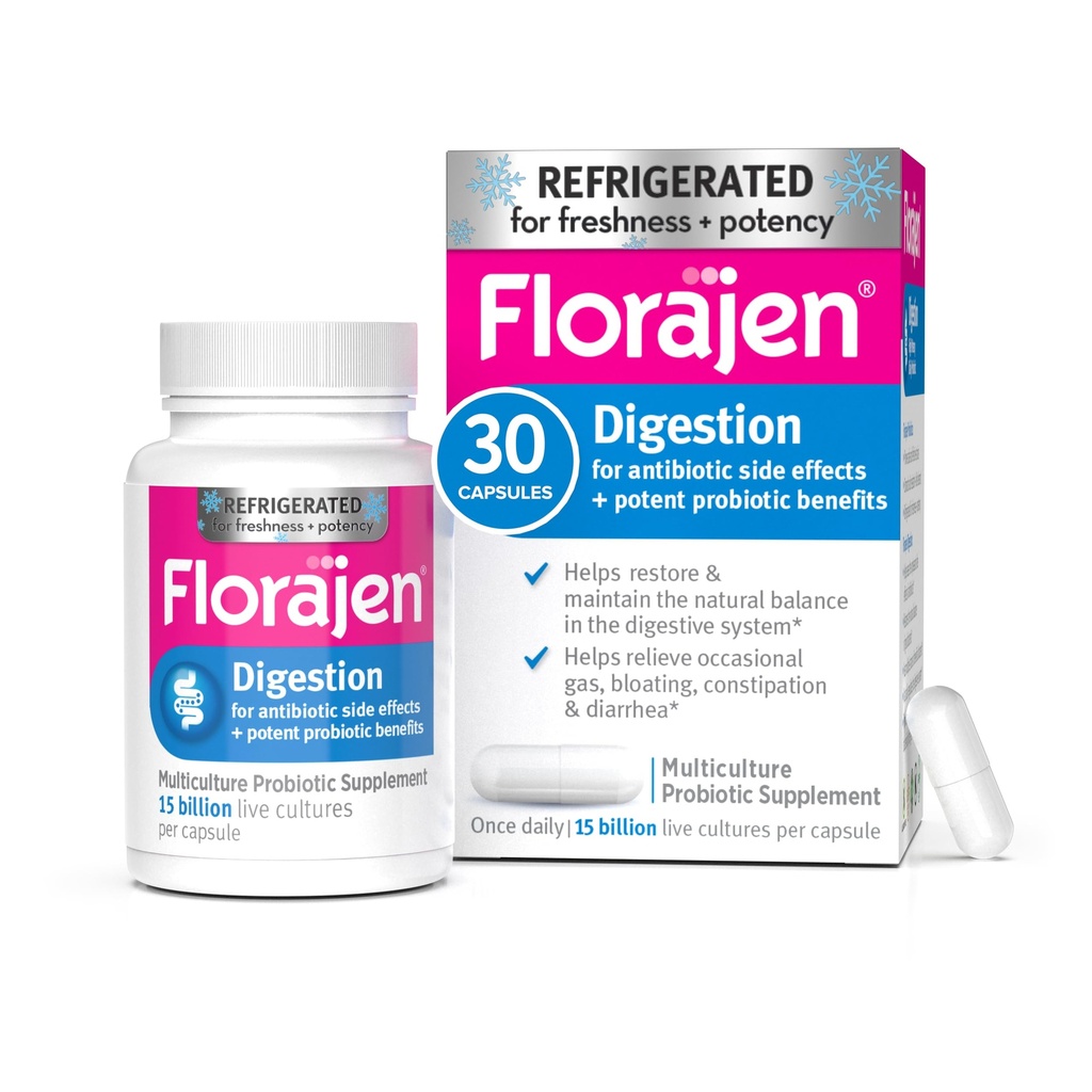 Florajen Digestion Probiotics, Gut Health Supplement with Constipation and Bloating Relief for Adults, 30 Count (Refrigerated)