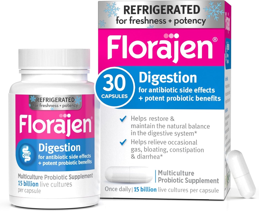 Florajen Digestion Probiotics, Gut Health Supplement with Constipation and Bloating Relief for Adults, 30 Count (Refrigerated)