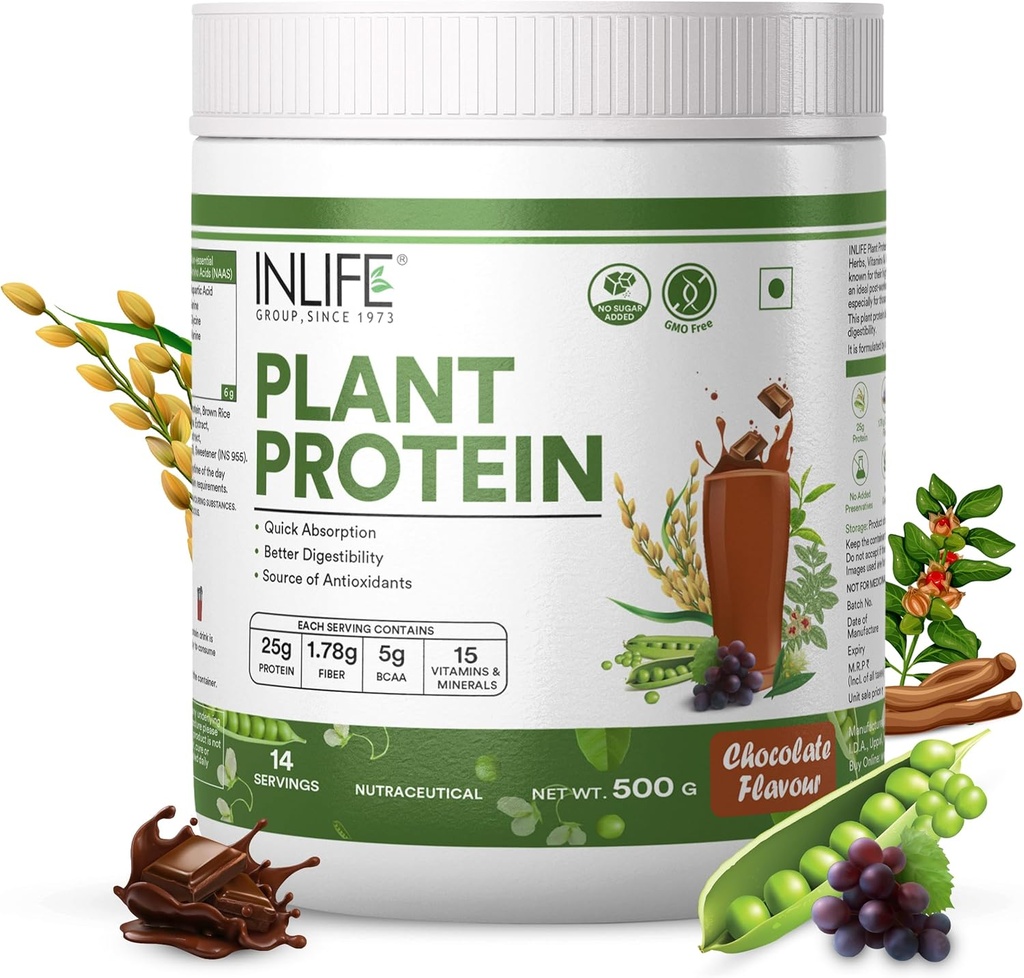INLIFE φυτικής πρωτεΐνης σκόνη - Pea, Quinoa & Brown Ρύζι - 25g πρωτεΐνη - Ashwagandha, Πράσινο τσάι & εκχύλισμα σπόρων σταφυλιών - Συμπλήρωμα (500 g, σοκολάτα)