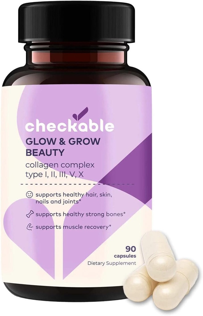Checkable® Collagen Complex Συμπληρώματα - Μαλλιά, δέρμα, νύχια, αρθρώσεις, οστά, και μυϊκή υποστήριξη - με φυσικό κολλαγόνο τύπου I, II, III, V, και X (1500 mg) - 90 κάψουλες
