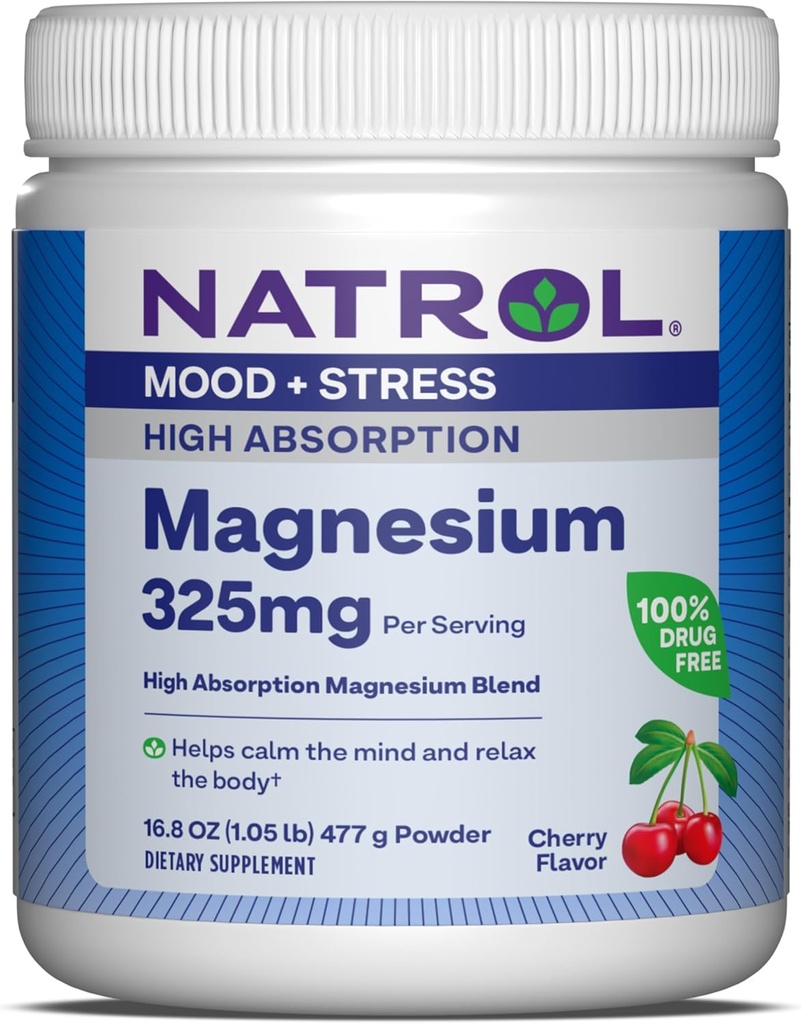 Natrol Μαγνήσιο 325 mg, Υψηλή Απορρόφηση Μαγνήσιο Γλυκινικό και ανθρακικό μείγμα για να βοηθήσει να ηρεμήσει το μυαλό και να χαλαρώσετε Το σώμα, 16,8 OZ του Cherry-Flavored Powder, Μέχρι 90 ημέρες προσφοράς