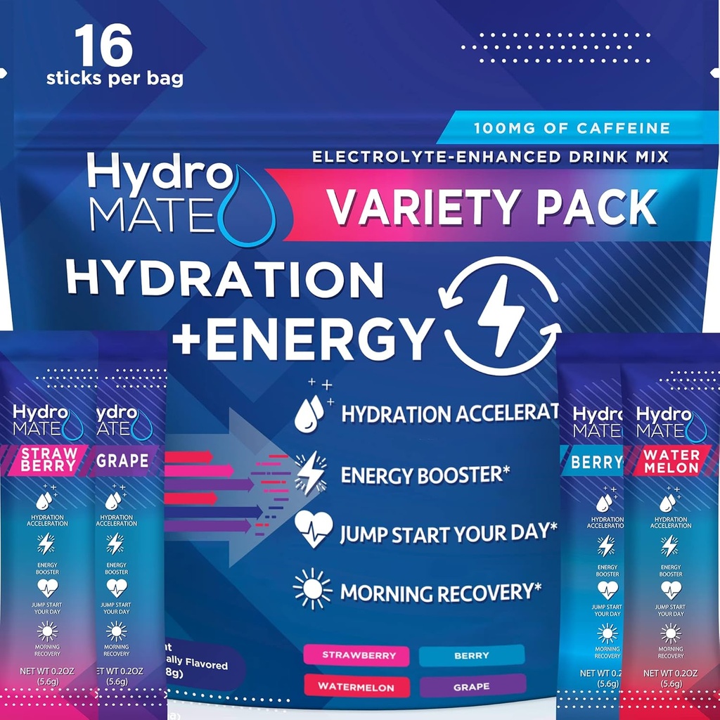 HydroMATE Ηλεκτρολυτές σκόνης Packets Packets Ενυδάτωση Επιταχυντής Χαμηλή ζάχαρη Κόμμα Ευνοήσεις για την ταχεία αποκατάσταση Βιταμίνη C Plus Caffeine Ποικιλία Pack 16 Sticks