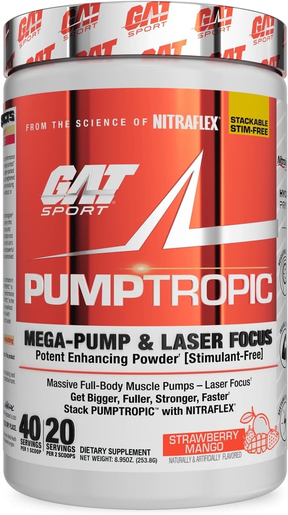 GAT Sport Pumptropic Mega-Pump & Laser Focus Poent Enhanceing Powder (Δυσκολία-Δωρεάν), 40 σέρβις (Strawberry Mango)