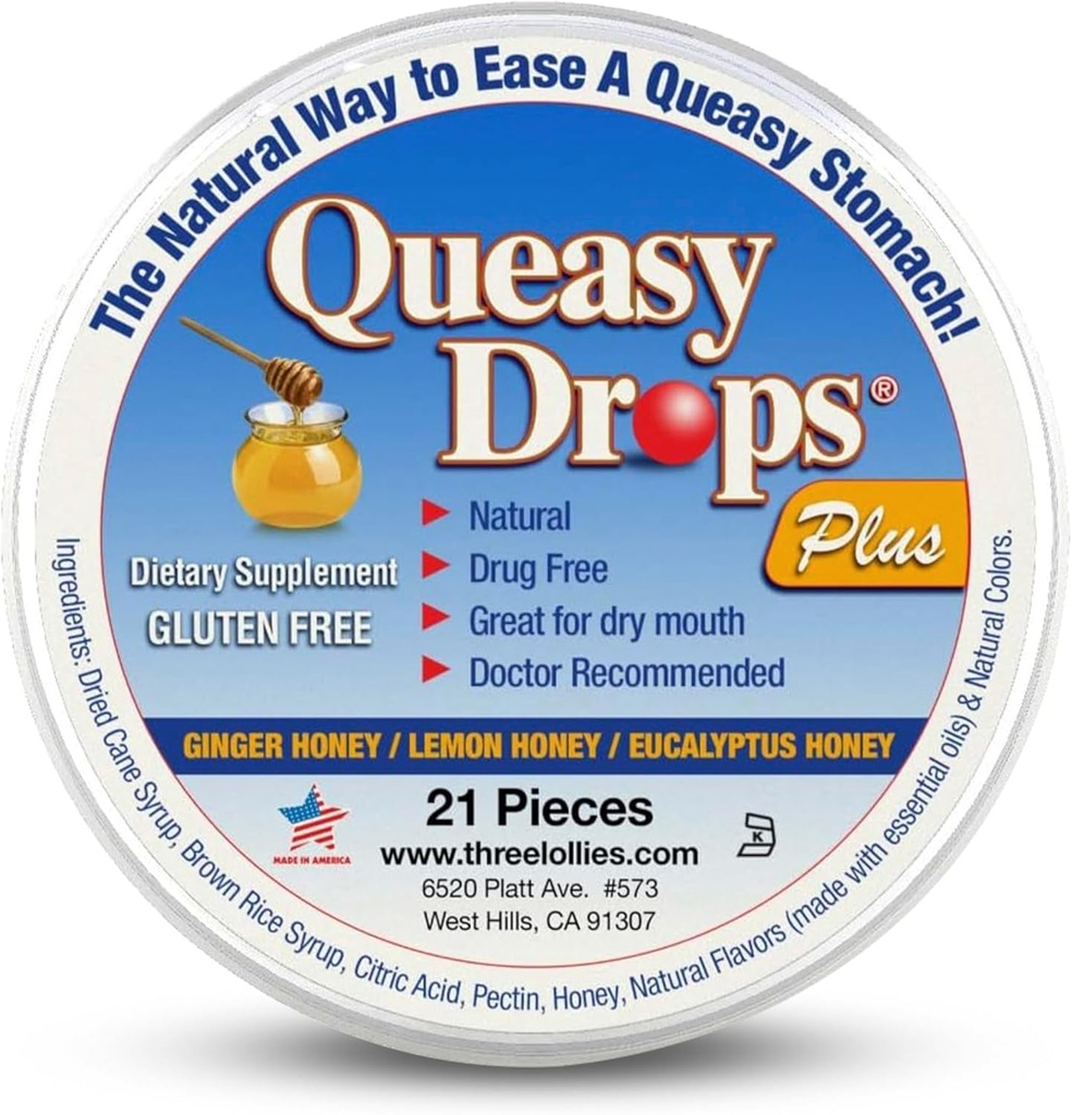 Τρεις Lollyes Queasy Drops Plus - Lozenges με Πεκτίνη & Μέλι για να Soothe ένα ξηρό στόμα - Alleviate Nausea & Motion Ασθένεια - Φυσικό - 21 ct