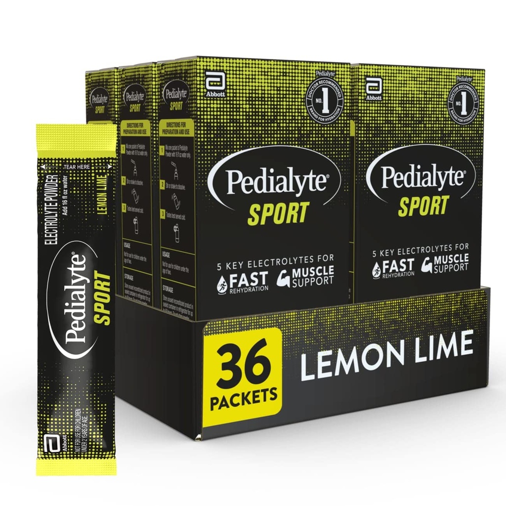 Pedialyte Sport Ηλεκτρολύτης σκόνη, γρήγορη ενυδάτωση με 5 κλειδιά ηλεκτρολύτες για την υποστήριξη μυών πριν, κατά τη διάρκεια, & μετά την άσκηση, λεμόνι Lime, 0,49-oz πακέτα (36 κόμης)