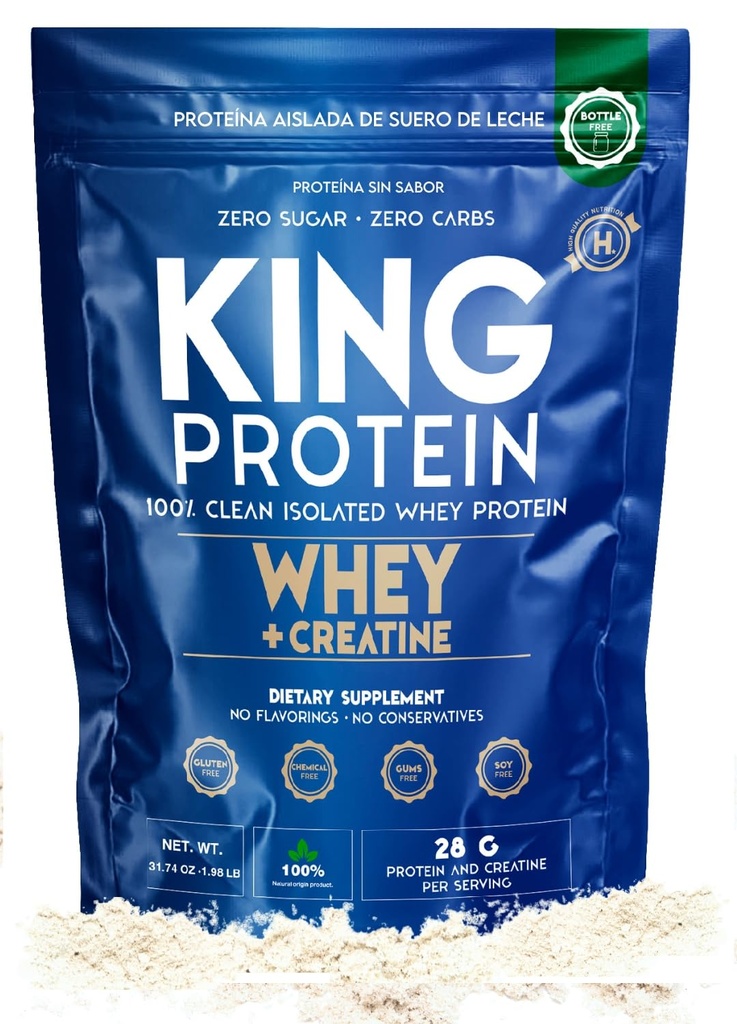 Clean Unflavored Whey Isolate Protein Powder with Creatine | 23g plus 5g Creatine & Organic BCAA per Serving | 100% Natural | No Carbs | Preservatives, GMO, Soy & Gluten Free, 30 Servings