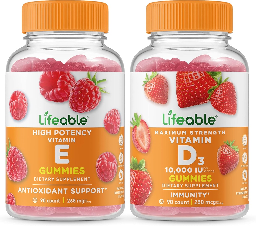Ζωηρή βιταμίνη Ε + Βιταμίνη D 10000 IU, Gummies Bundle - Μεγάλη γεύση, συμπλήρωμα βιταμίνης, χωρίς γλουτένη, χωρίς ΓΤΟ, Μασώμενα Gummy