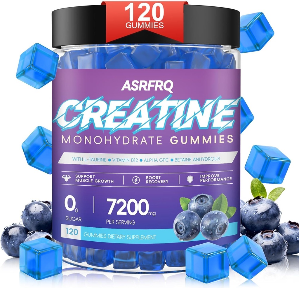 Creatine Monohydrate Gummies for Men & Women 120 CT - 7200mg Creatine Monohydrate per Serving, Chewable Creatine Monohydrate for Muscle Support & Energy Boost, Sugar Free, Vegan (BlueberryFlavor)