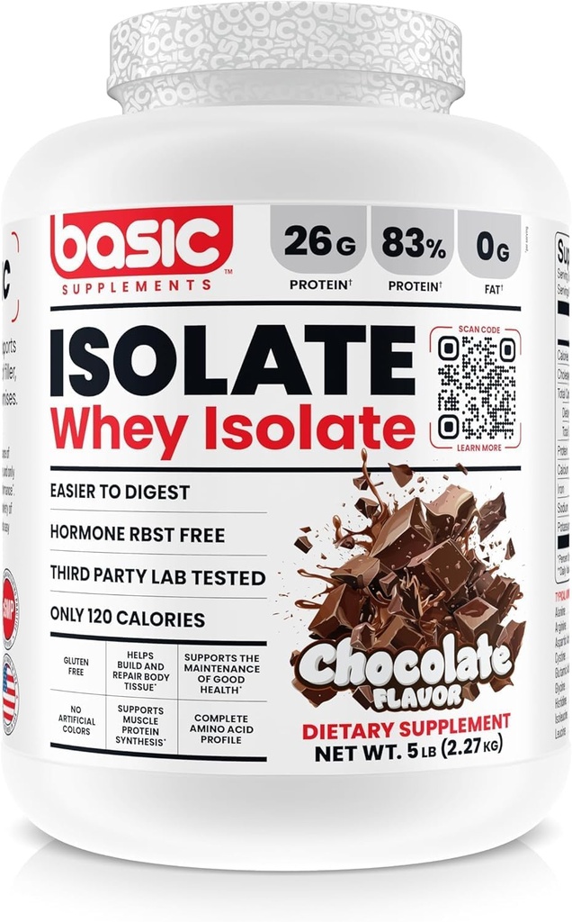 Βασική πρωτεΐνη Whey Isolate, 26g πρωτεΐνη, 0g λίπος, χωρίς γλουτένη, RBST-free, ταχεία απορρόφηση, 120 θερμίδες (5 λίρα, σοκολάτα)