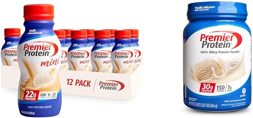 Premier Protein Shake MINIs Vanilla 22g Protein 120 Calories Pack 12 & Powder Vanilla Milkshake 30g Protein 17 Σερβίρει 23.3 Ουγγιά