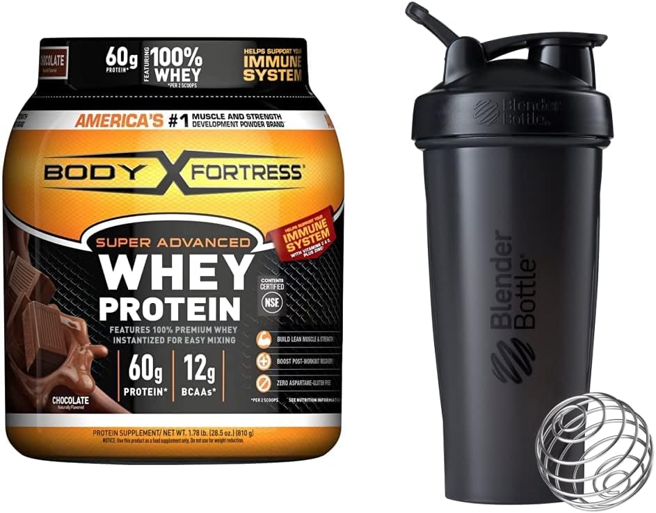 Body Fortress Super Advanced Whey Protein Powder, Σοκολάτα (1,78 lbs) και BlenderBottle Classic Shaker Bottle (28 oz), Μαύρο