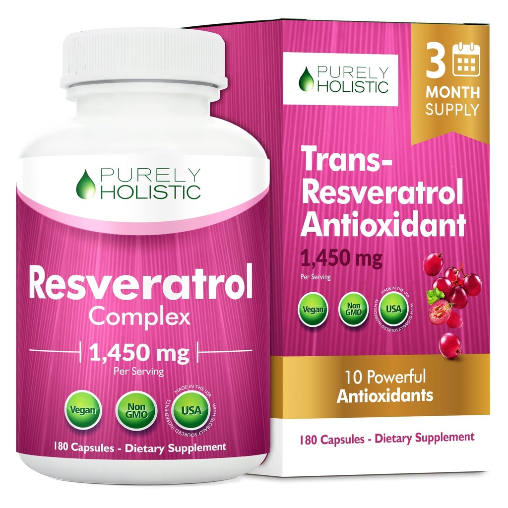 Αμιγώς ολιστική ρεσβερατρόλη 1450mg, 90 εξυπηρετούν, Trans-Reεσβερατρόλη Αντιοξειδωτικό συμπλήρωμα με βιταμίνη C και πολυφαινόλη Complex, 180 κάψουλες Vegan