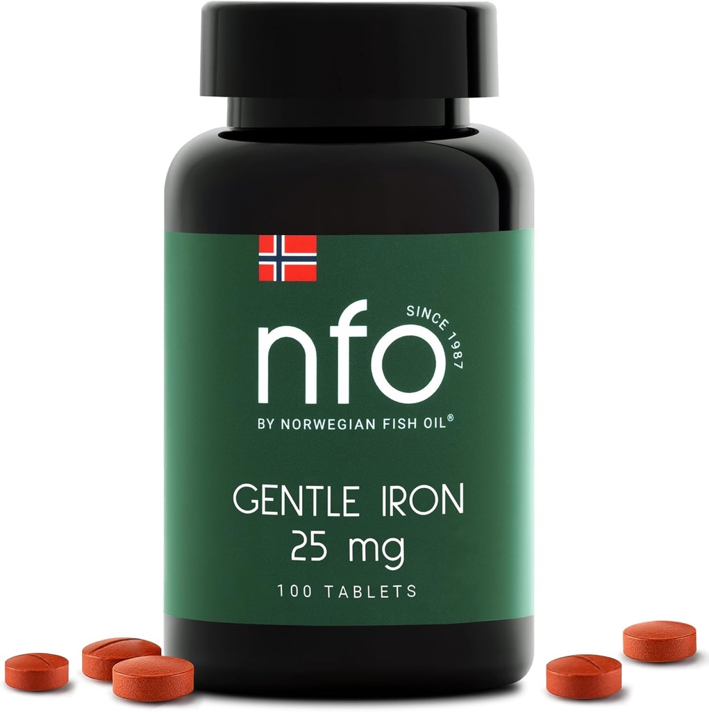 NFO Gentle Iron [100 Tablets] Νορβηγικό Συγκρότημα σιδήρου υψηλής απορρόφησης με πατενταρισμένο Ferrochel Chelated Iron, Gentle on The Stomach, Vegan-Friendly, Non-Custripating