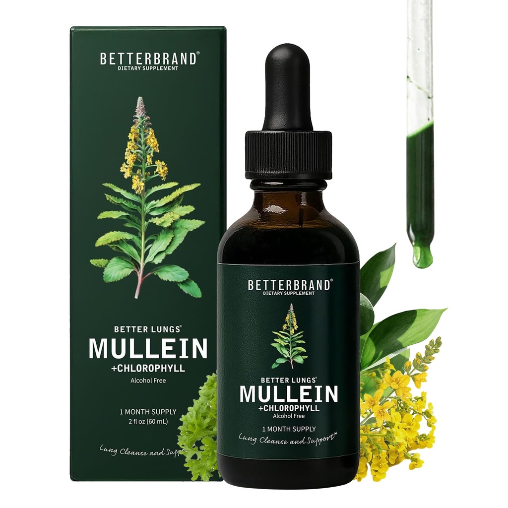 Betterbrand Mullein Drops for Lung Detox - Mullein Leaf Βάμμα με χλωροφύλλη - Βοηθά στην υποστήριξη της αναπνευστικής υγείας, χωρίς αλκοόλ, 1 μήνας προσφοράς - 60ml