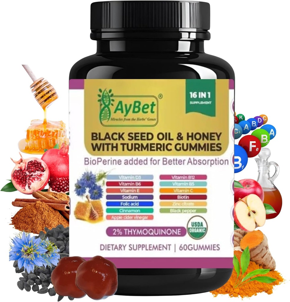 Μαύρο Έλαιο Σπέρματος & Μέλι με Turmeric Gummies με BioPerine, μηλίτη μήλου, βιοτίνη, ψευδάργυρος & Βιταμίνες C D3 B12 – Ανοσοποιητικό, Detox, Ενέργεια & Δερμάτινα Καρφάκια Υποστήριξη – 60 Vegan, Halal, Organic Gummies