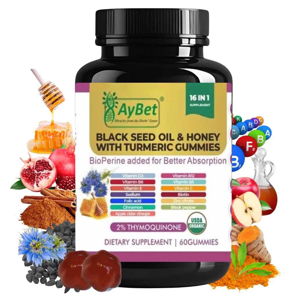 Black Seed Oil & Honey Gummies with Turmeric – 16-in-1 Supplement with Vitamins D3, B12, Biotin & Zinc –USDA Organic, Halal, Vegan, Non-GMO, 2% Thymoquinone, 60 Gummies