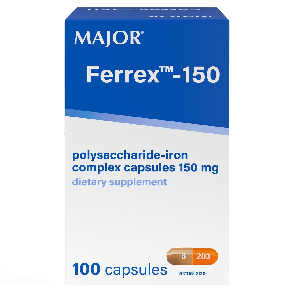 MAJOR Ferrex-150 Πολυσακχαρίτες - Iron Complex Κάψουλες 150mg Συμπλήρωμα σιδήρου για γυναίκες και άνδρες – Απαλή στο στομάχι – 100 κάψουλες