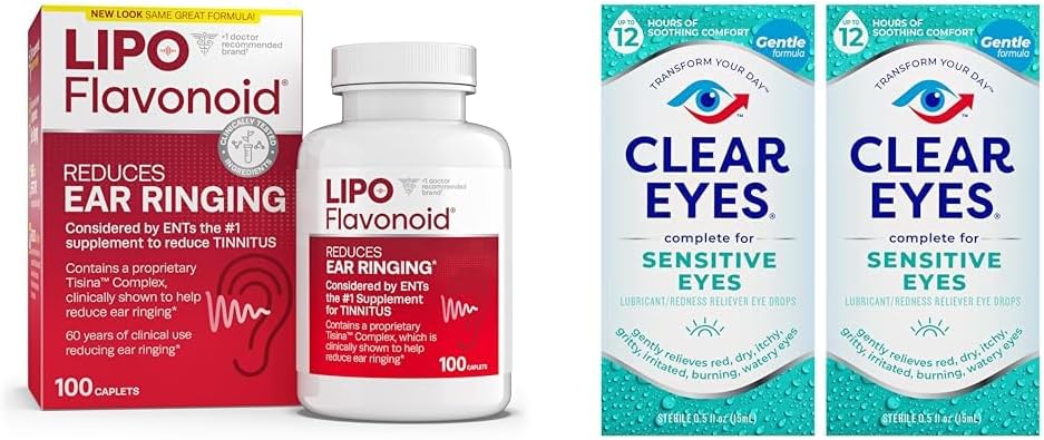 Lipo-Flavonoid εμβοές ανακούφισης Βιταμίνες αυτιού 100 Caplets & Clear Eye Sensitive Eye Drops 0.5 Oz 2 πακέτο