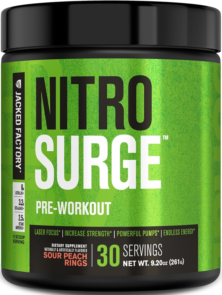 Jacked Factory NITROSURGE Pre Workout Supplement - Endless Energy, Instant Strength Gains, Clear Focus, Intense Pumps - NO Booster & Powerful Preworkout Energy Powder - 30 Servings, Sour Peach Rings