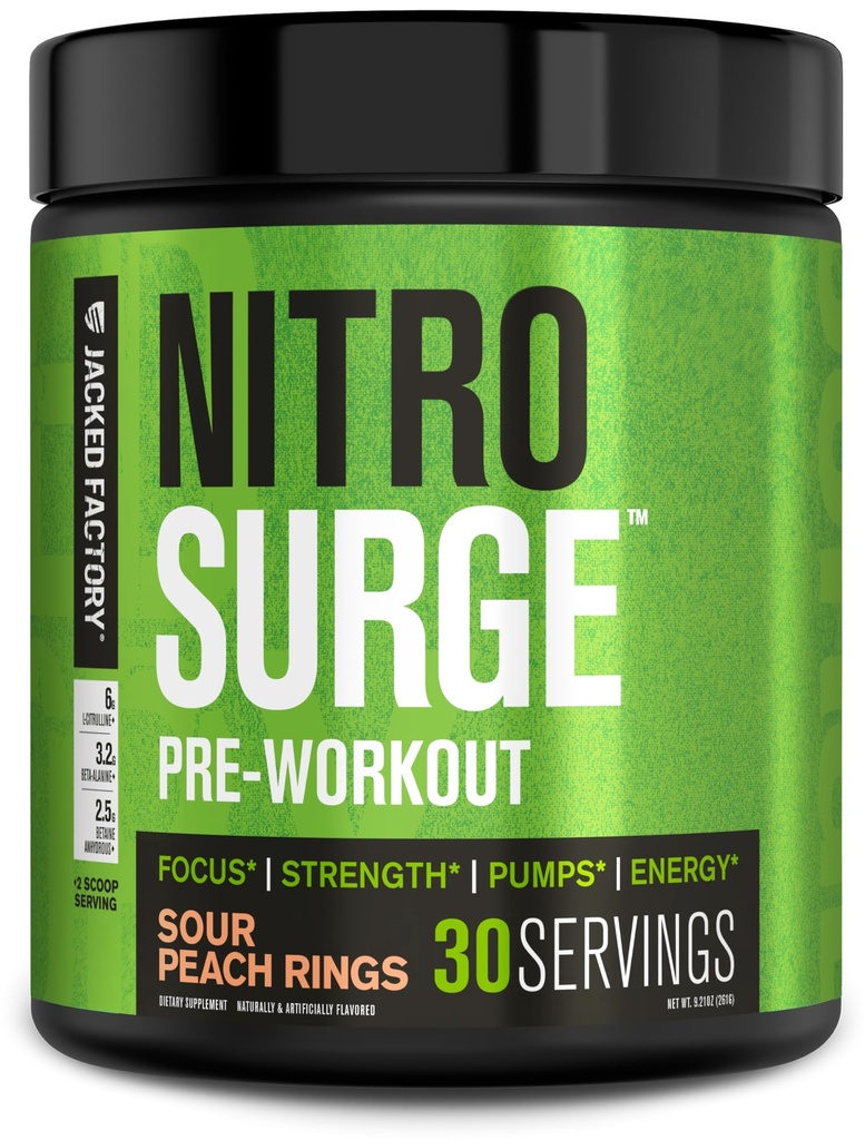 Jacked Factory NITROSURGE Preworkout Supplement - Ατελείωτη ενέργεια, στιγμιαία κέρδη δύναμης, σαφή εστίαση, Έντονες αντλίες - ΟΧΙ Booster & Ισχυρή Preworkout Energy Powder - 30 Σερβίρει, Δακτυλίδια Peachάκινου