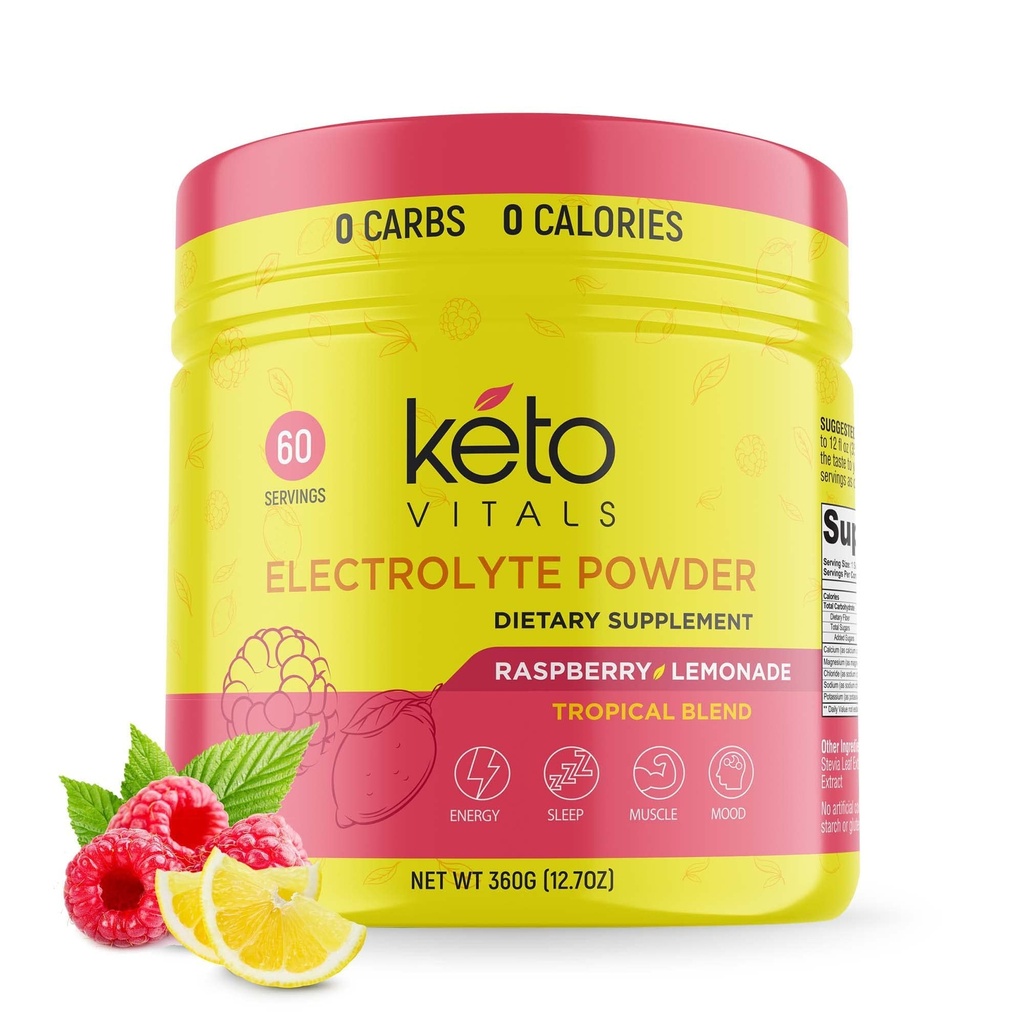 Keto Vitals Ηλεκτρολυτές σκόνης - Χωρίς ζάχαρη Keto Ηλεκτρολυτές σκόνης με κάλιο, μαγνήσιο, νάτριο, & ασβέστιο - Όχι Ζάχαρη Ηλεκτρολυτικό ποτό Mix & Ενυδατική σκόνη, 60 σερβιέτες, λεμονάδα σμέουρων
