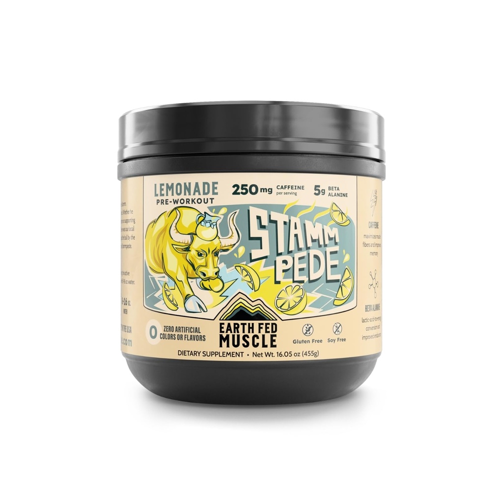 Earth Fed μυών Stammpede Pre Workout Powder, Lemonade Flavor, 250mg Caffeine Powder, 5g Beta Alanine, Citrulline, Taturine & Tyrosine, Gluten & Sugar Free Pre Workout, Keto Friendly, 26 υπηρεσίες